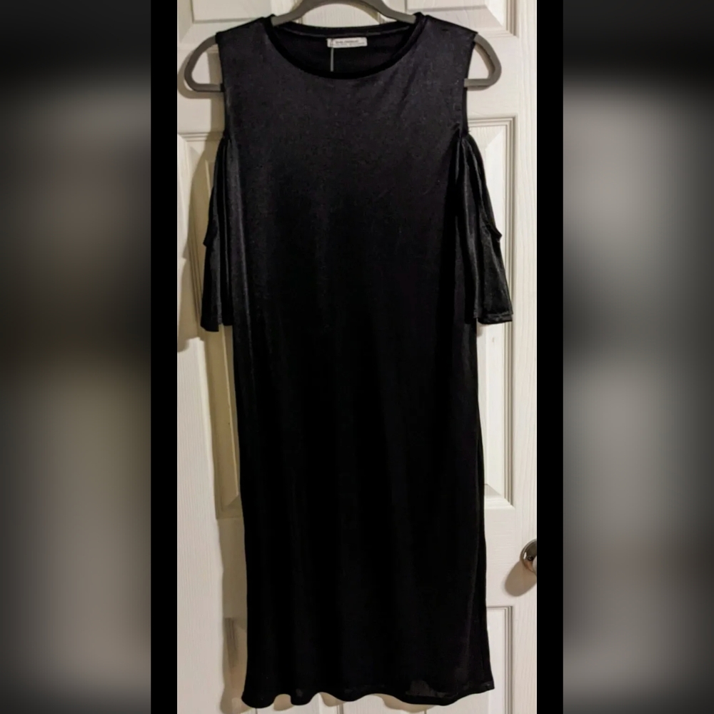 Zara Trafaluc Black Dress S Cold Shoulder Shiny Short Sleeve Versatile
